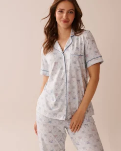 New Crab Print Super Soft Short Sleeve Button-down Shirt The Peachy Dream Collection|Tops