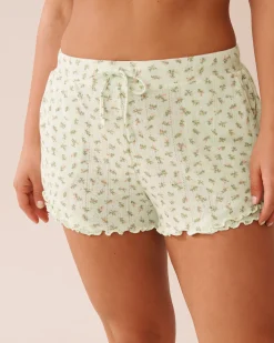 Hot Ditsy Floral Print Lettuce Edge Pointelle Pajama Shorts Bottoms