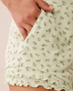 Hot Ditsy Floral Print Lettuce Edge Pointelle Pajama Shorts Bottoms
