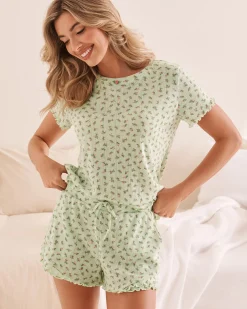 Ditsy Floral Print Lettuce Edge Pointelle T-shirt Tops