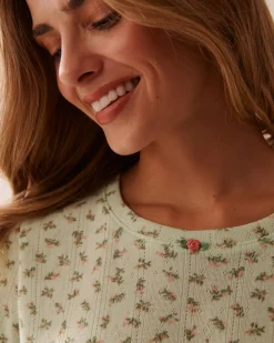Ditsy Floral Print Lettuce Edge Pointelle T-shirt Tops