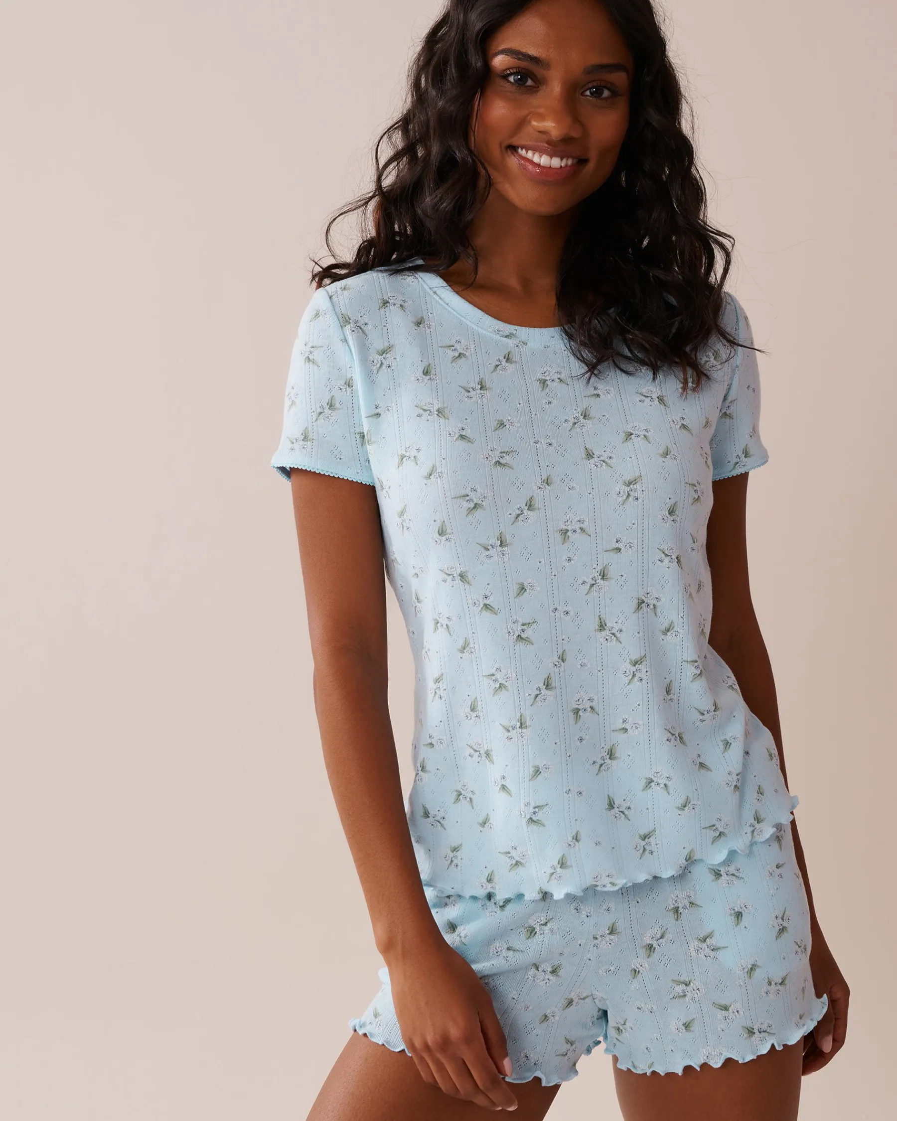 New Floral Print Lettuce Edge Pointelle T-shirt Tops