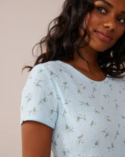 New Floral Print Lettuce Edge Pointelle T-shirt Tops