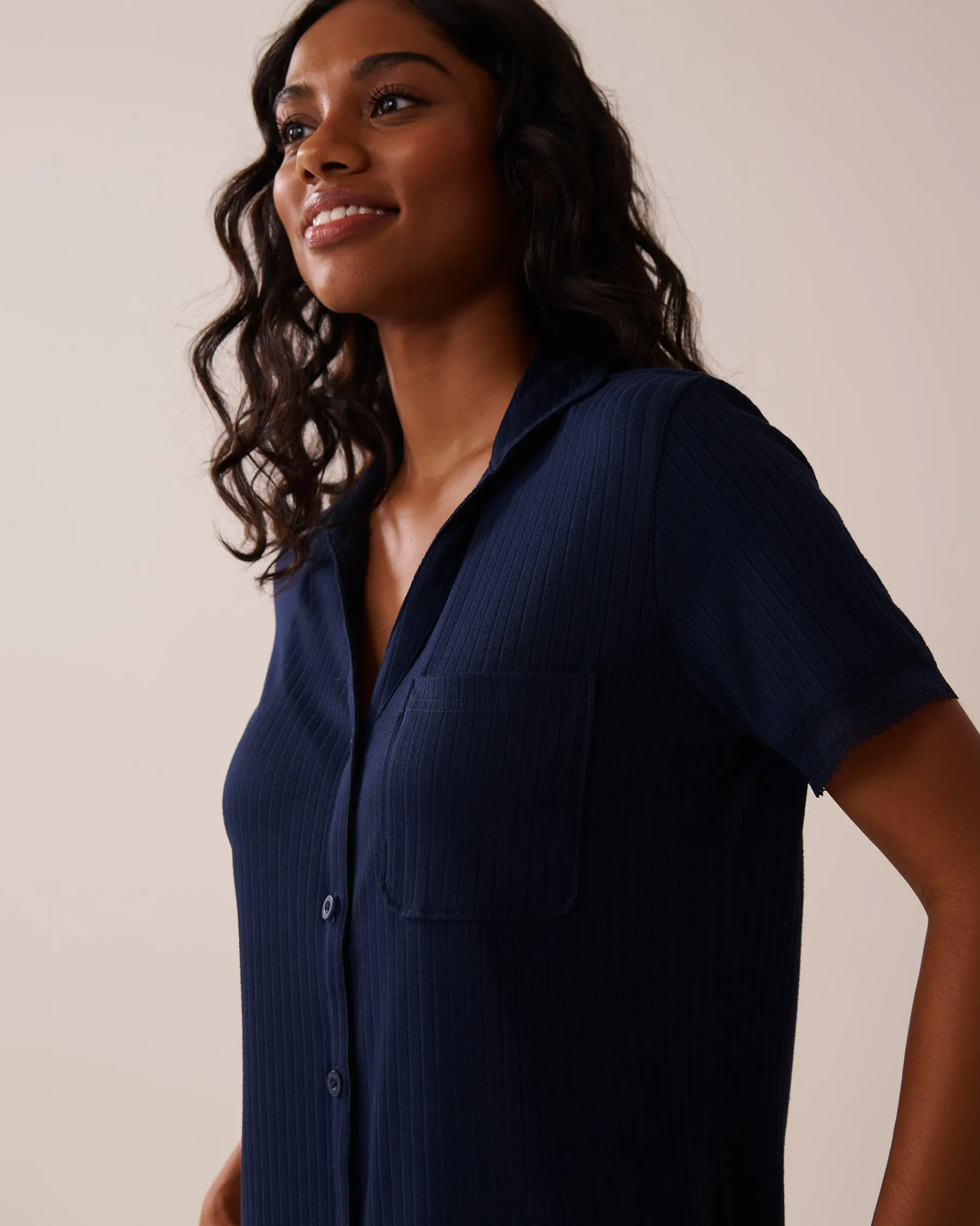 Online Lace Trim Ribbed Jersey Button-down Shirt Tops
