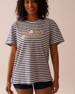 New Lemon Print and Stripes Cotton T-shirt Cotton Pajamas|Tops