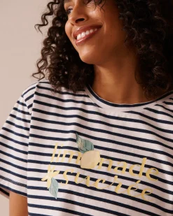 New Lemon Print and Stripes Cotton T-shirt Cotton Pajamas|Tops