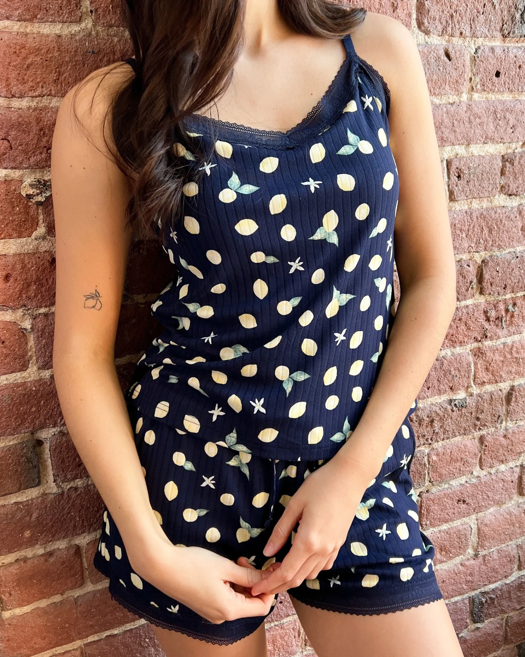 New Lemon Print Lace Trim Ribbed Jersey Pajama Shorts Bottoms