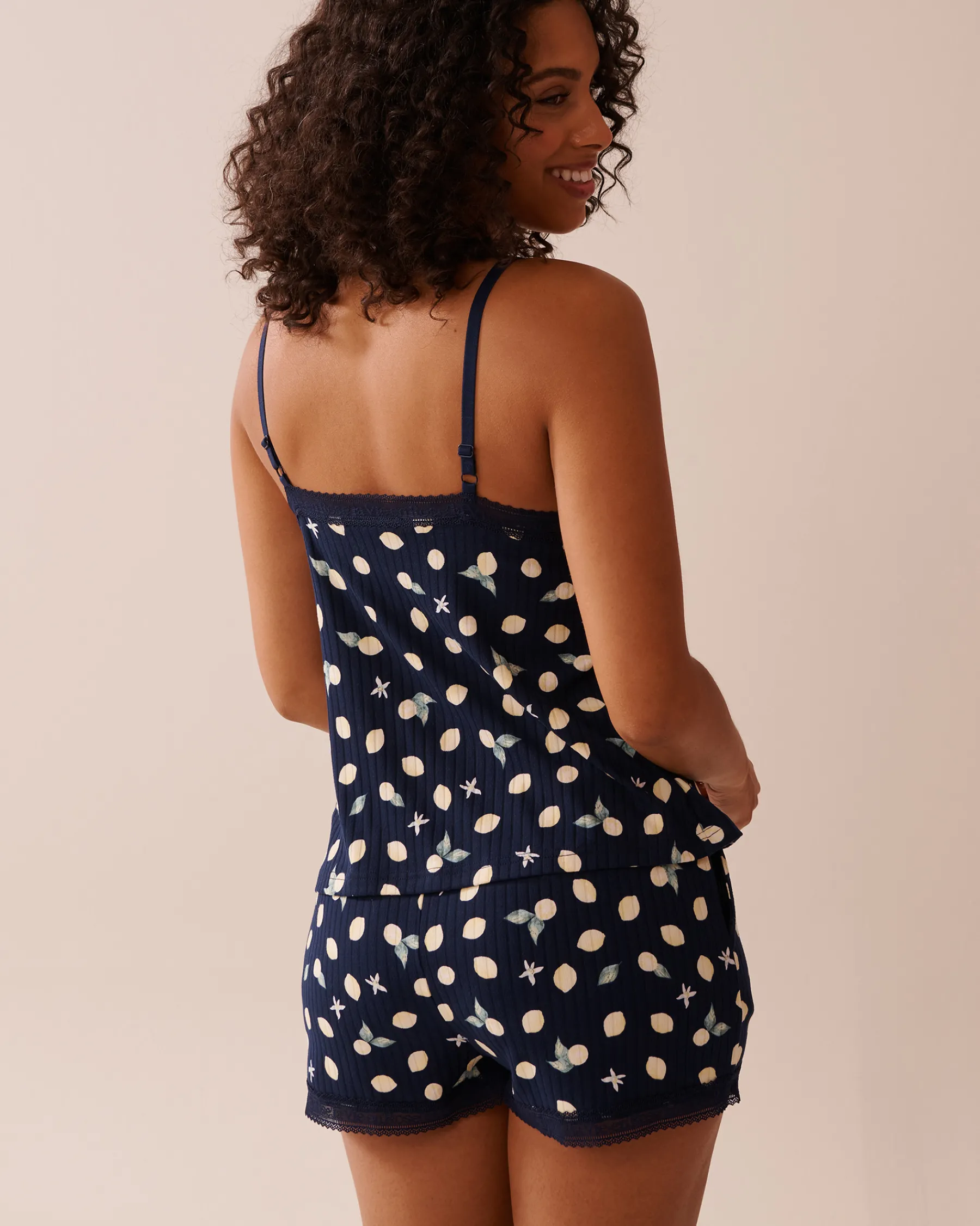 Online Lemon Print Lace Trim Ribbed Jersey Cami Tops