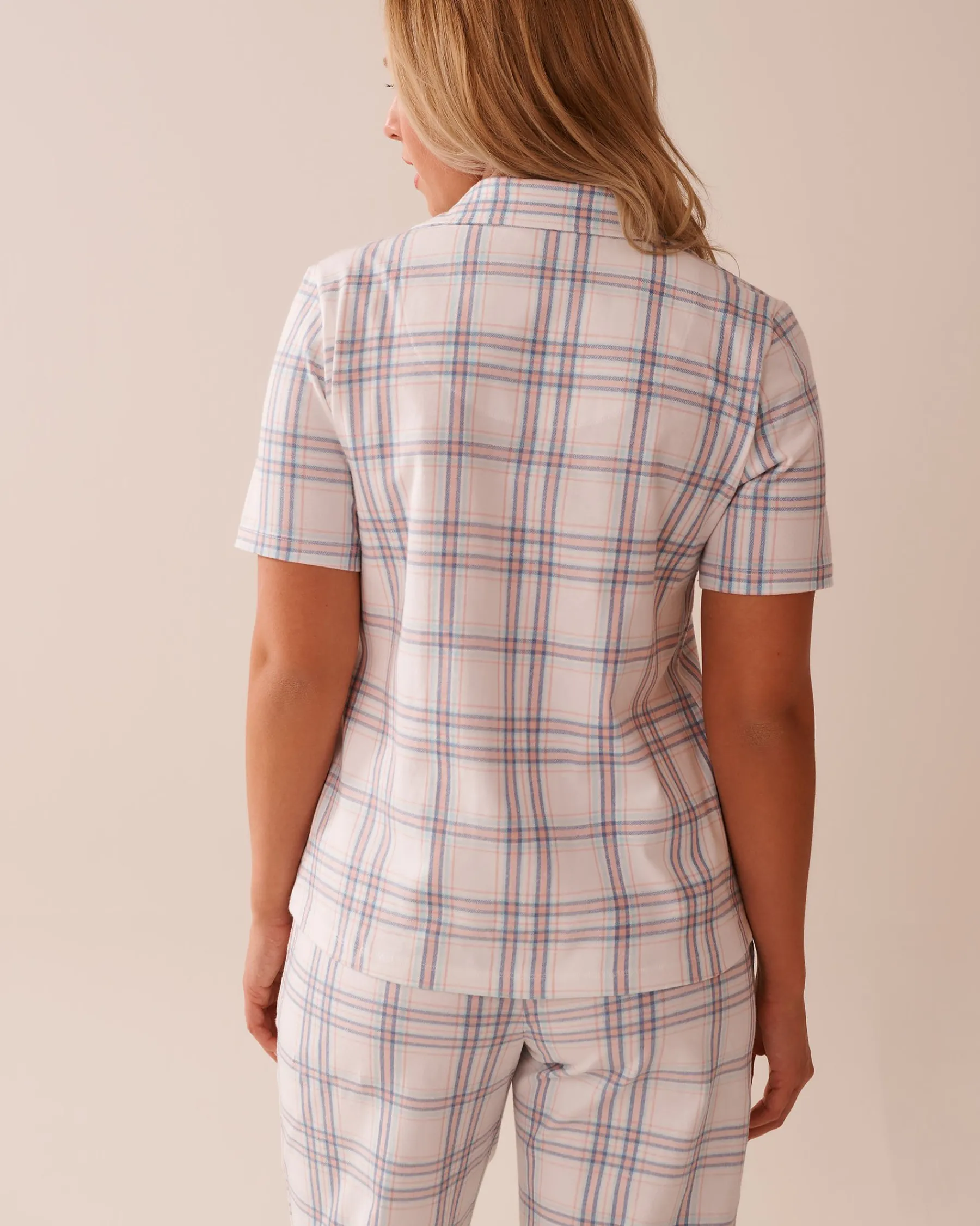 New Peach Plaid Cotton Button-down Shirt Cotton Pajamas|Tops