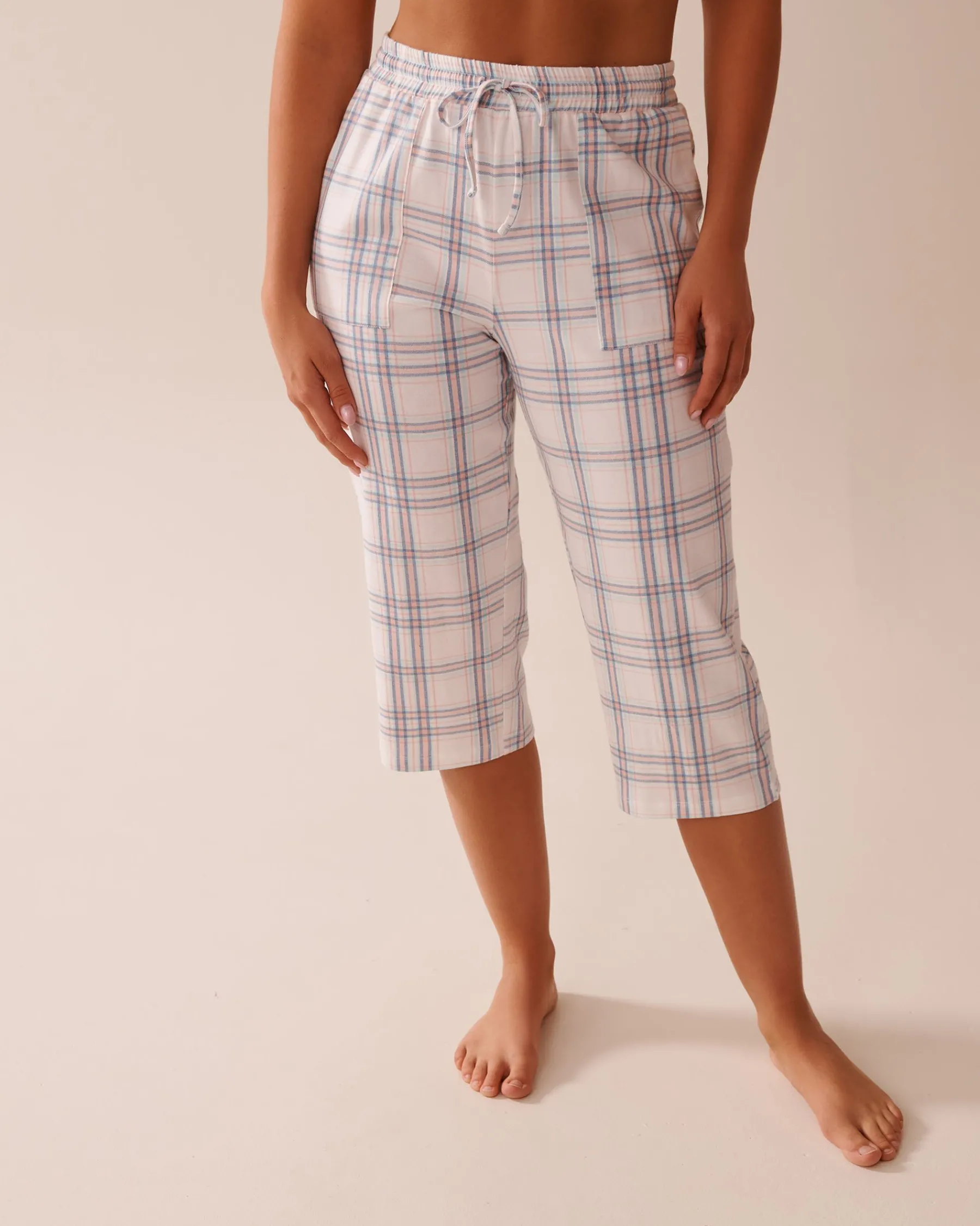 Peach Plaid Cotton Pajama Capris Cotton Pajamas|Bottoms