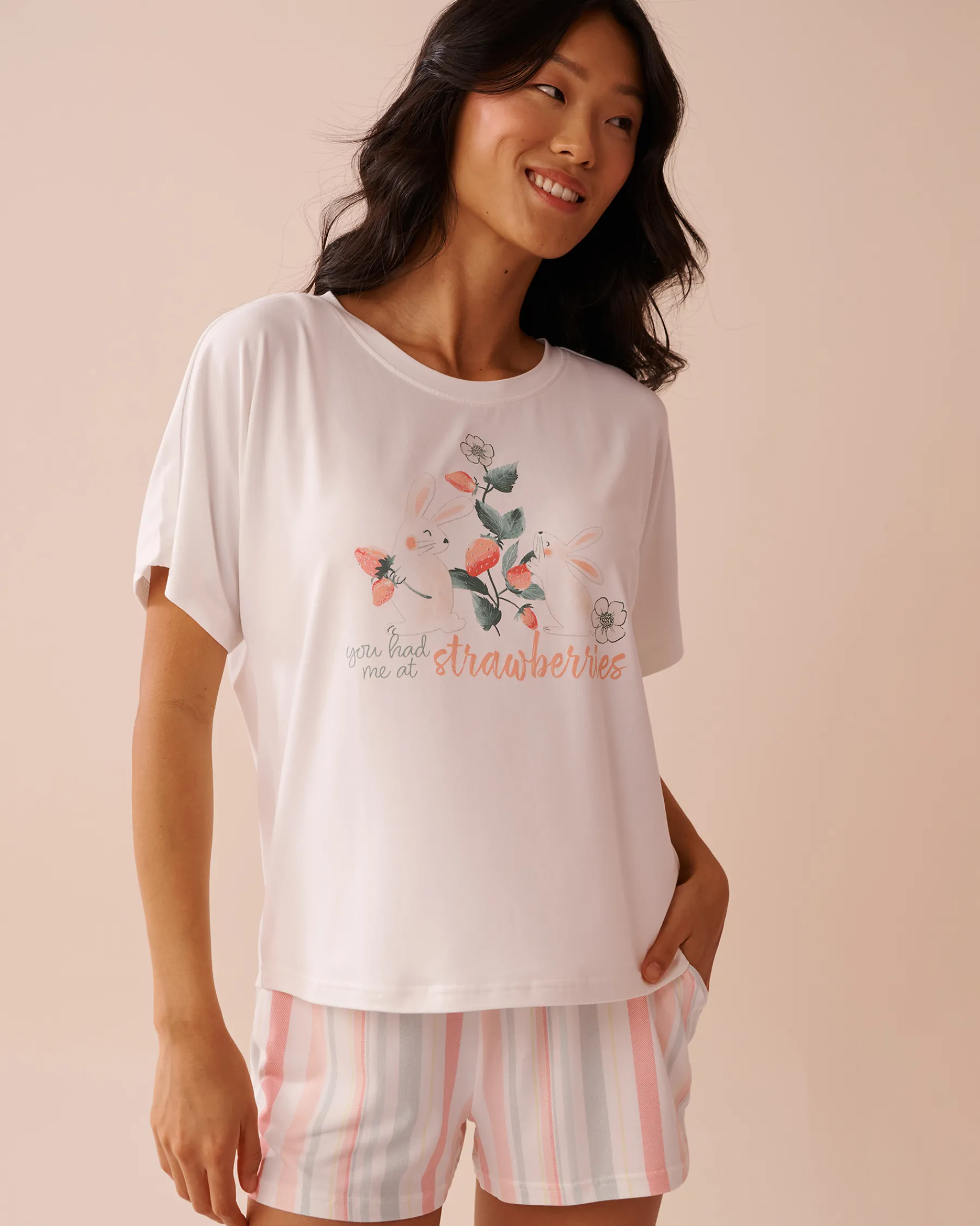 Sale Rabbit & Strawberry Print Super Soft Loose Fit T-shirt The Peachy Dream Collection|Tops