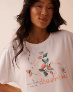 Sale Rabbit & Strawberry Print Super Soft Loose Fit T-shirt The Peachy Dream Collection|Tops
