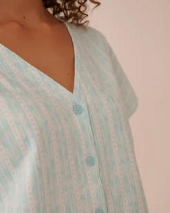 Hot Stripe Print Cotton T-shirt Cotton Pajamas|Tops